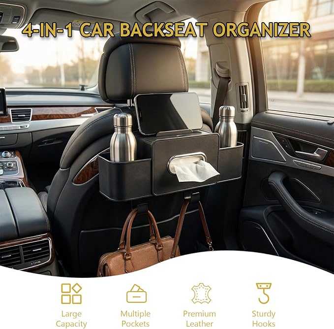 Backseat Car Organizer, 4 in 1 Multifunctional Car Back Seat Storage Organizer with Tissue Box, 2 Cup Holders, Phone Stand and Hooks, Automotive Seat Back Organizers (Brown)