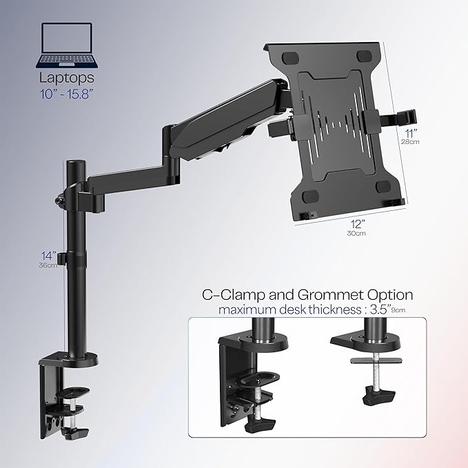 VIVO Universal Adjustable 10 to 15.6 inch Laptop Mount for Desk, Single Tension Arm VESA Notebook Stand with C-clamp and Grommet Options, Black, STAND-V101L