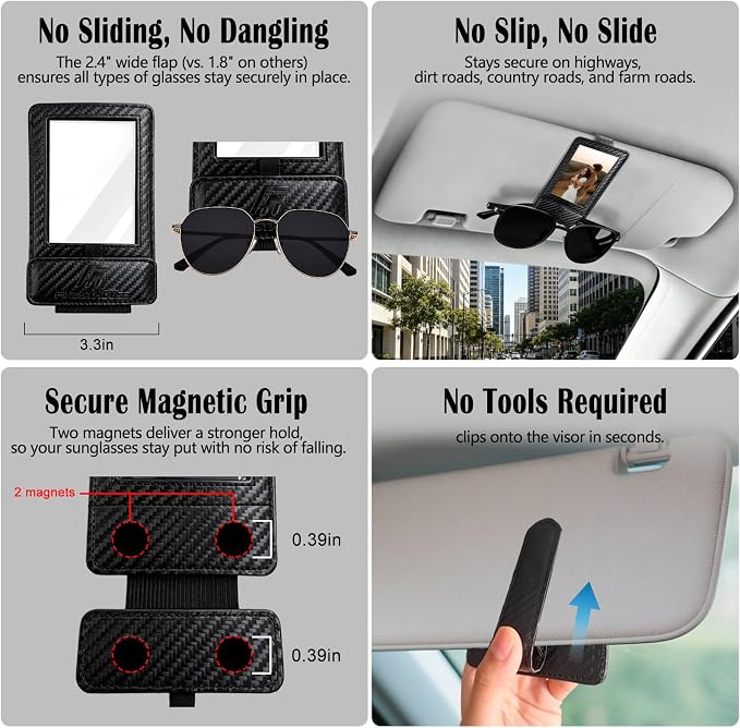 Magnetic 2-in-1 Sunglass & Photo Holder for Car Visor, Leather Anti-Slip No-Fall No-Slide, Fits SUV Truck RV