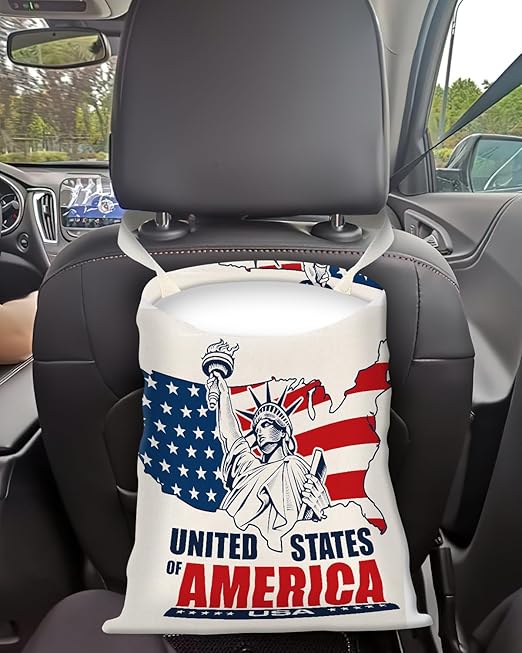 Car Trash Can, Seat Back Hanging Car Trash Bag, Cute Canvas Car Garbage Bag, Essential Car Trash Bin Car Organizers USA Mapping
