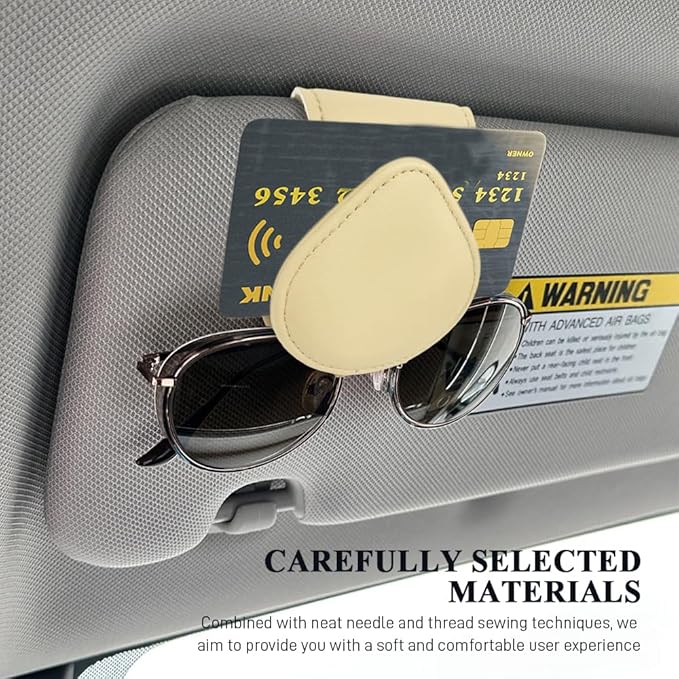 Magnetic Sunglass Holder for Car Visor, Sunglasses Visor Clip, Magnetic Leather Vehicle Glasses Ticket Card Clip, Automotive Eyeglass Hanger Organizer Accessories for Most Vehicles (Beige)