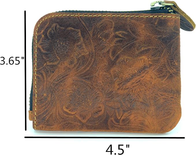 JJNUSA Genuine Leather Zipper Coin Purse Wallet With Key Car Smart Holder, Change Purse, Coin Pouch Holder For Men (Flower brown)