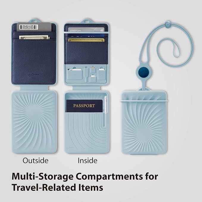 Bone Lanyard Passport Holder, Passport Cover with Travel Gadget Set & Card Slots, Duel-Sided Passport Wallet with Leather & Premium Silicone (Blue)