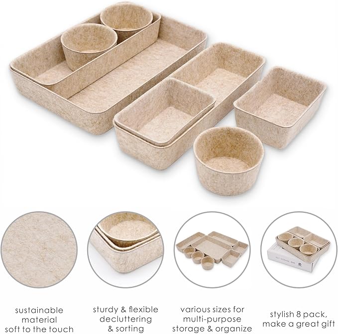 Welaxy Office Desk Drawer Organizers Trays Felt Shallow organizing Box Draw dividers for hygge aesthetics Office Supplies Multi-purposed Organize 8-piece (Oatmeal)