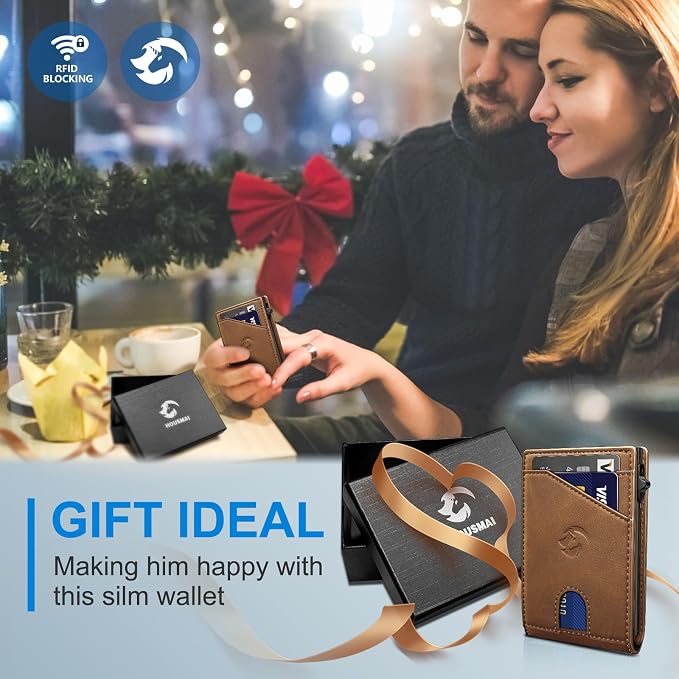 Wallet for Men, Slim Pop Up Card Holder with RFID Blocking, Minimalist Bifold Wallet with 9 Card Slots, ID Window and Cash Pocket, Metal Flip Case with Magnetic Closure, Gift Box