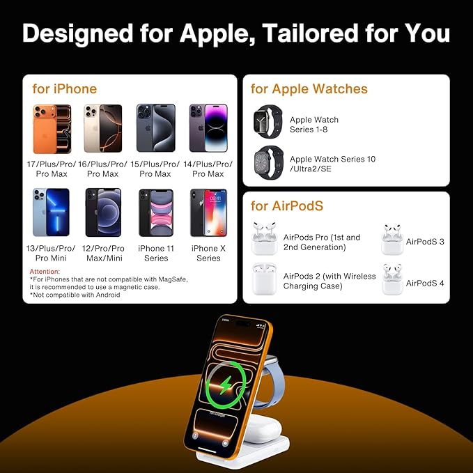 iVANKY Wireless Charging Station for iPhone 17, 3 in 1 Foldable Charger for MagSafe Magnetic Stand for iPhone 17/16/15/14/13/12/X Pro/Max/Plus/Air, Apple Watch, Airpods, Ivory (With 33W Power Adapter)