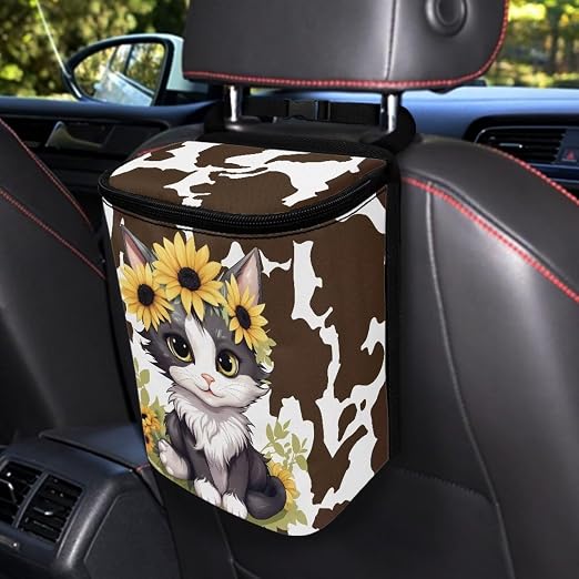 Car Trash Can Cars Waste Basket with Lid Storage Pockets for Disposable Garbage Bag Multipurpose Collapsible Car Organizer, Cat Sunflower Cow Print