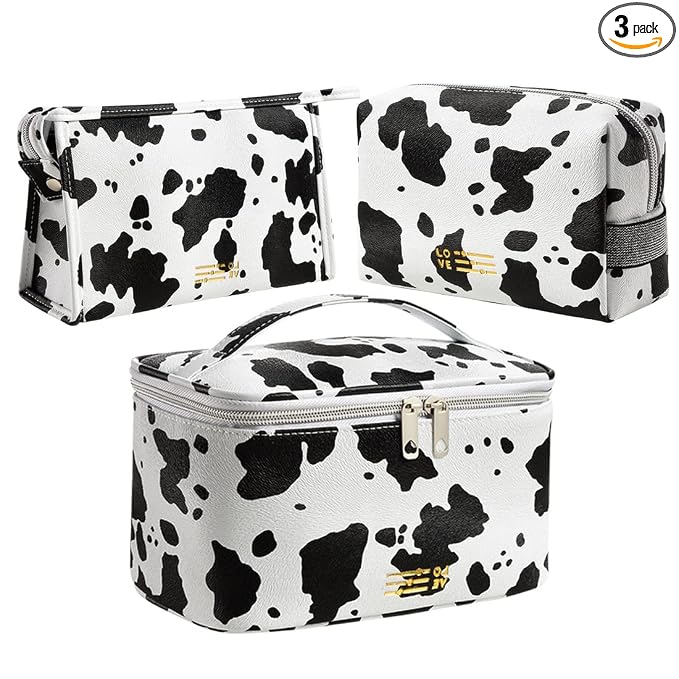 FITINI 3 Pack Makeup Bag Cows Travel Large Toiletry Bag Portable Cosmetic Organizer Pouch with Small Brush Storage Case Gold Zipper Waterproof for Women and Girls,White