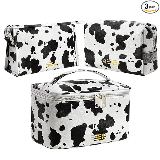 FITINI 3 Pack Makeup Bag Cows Travel Large Toiletry Bag Portable Cosmetic Organizer Pouch with Small Brush Storage Case Gold Zipper Waterproof for Women and Girls,White