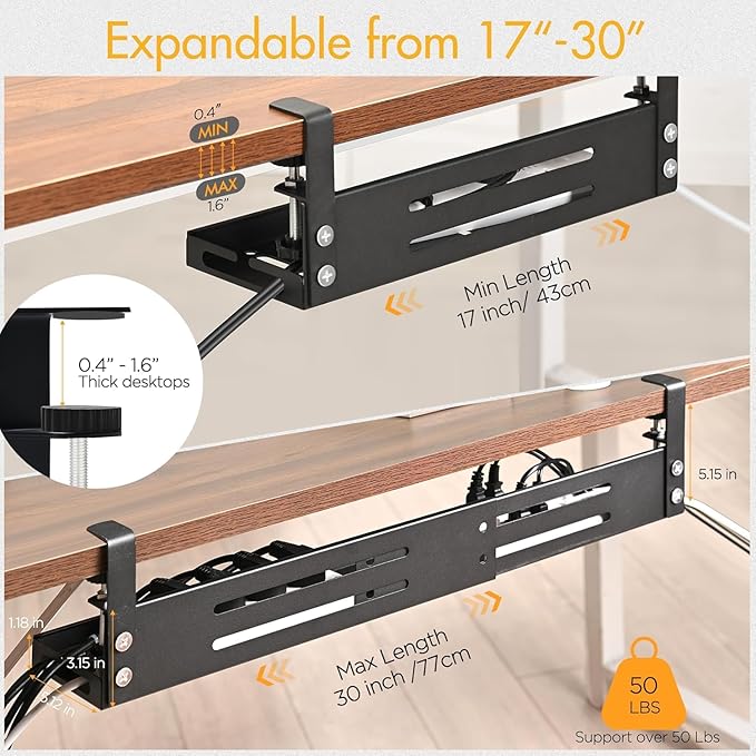 No Drill Under Desk Cable Management Tray, 17”-30” Retractable Cord Organizer for Table, Clamp Mount Wire Basket, Power Strip Holder & Metal Cord Organizer for Office, Home