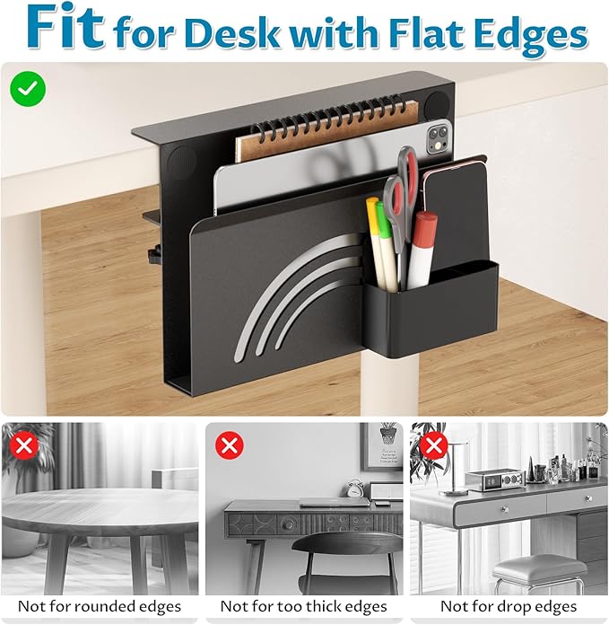 Onemake Rainbow Desk Side Storage, No Drill Laptop Holder, Clamp on Desks Shelf with Magnetic Pen Holder, Hanging Desk Organizer for Home Office, Fits Flat Edge Tables 0.4" to 2.3"