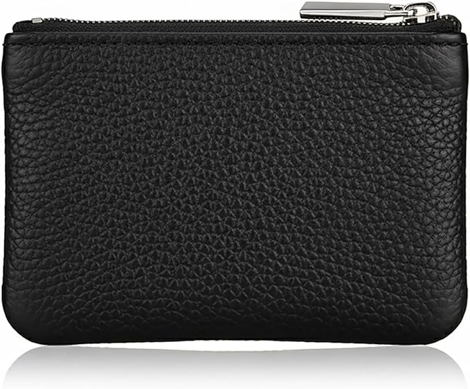Hibate Black Small Mini Size Leather Coin Purse Change Pouch for Women Men Kids with Zip Key Ring