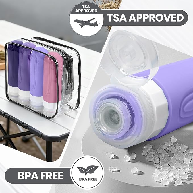 Travel Bottles for Toiletries 8 Pack, TSA Approved Travel Size Toiletries Containers Set, 4 Silicone Leak Proof Refillable Bottles and 4 Creams Jars Accessories Kit W/Clear Bag (PURPLE)