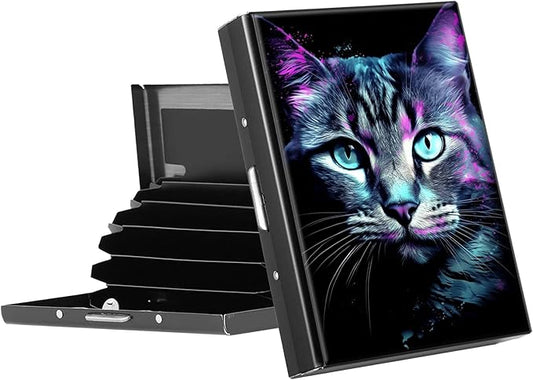 RFID Blocking Credit Card Holder - Slim Metal Wallet for Women & Men,Cat Purple Glow Design Stainless Steel Business Card Case,Compact Pocket Organizer for Travel & Daily Use