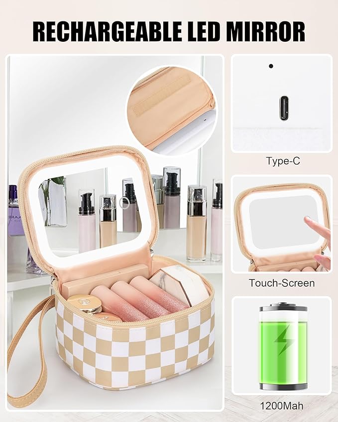 Relavel Mini Makeup Bag with Led Mirror, Small Cosmetic Bag with 3 Light Modes, Rechargeable Portable Makeup Pouch with Hands-Free Wrist Strap for Pool Parties丨Work Touch-Ups丨Travel - Plaid