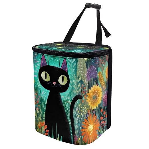 Talayituse Teal Cat Flower Print Car Trash Bin, Large Size Auto Trash Can Adjustable Portable Garbage Can with Lid, Vehicle Hanging Bag for Headrest Front Back Seat