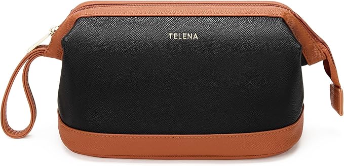 Telena Makeup Bag Large Capacity Travel Cosmetic Bag Portable PU Leather Water Resistant Makeup Organizer Bags for Women with Handle and Divider Open Flat (3-Black with Brown)
