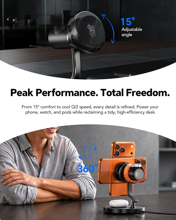 4 in 1 Wireless Charging Station, Qi2.2 25W Certified Fast Magnetic Charger, Mag-Safe Wireless Charger Stand with TEC Active Cooling and Night Light, for iPhone17/16/15/14/13/12, Apple Watch/AirPods