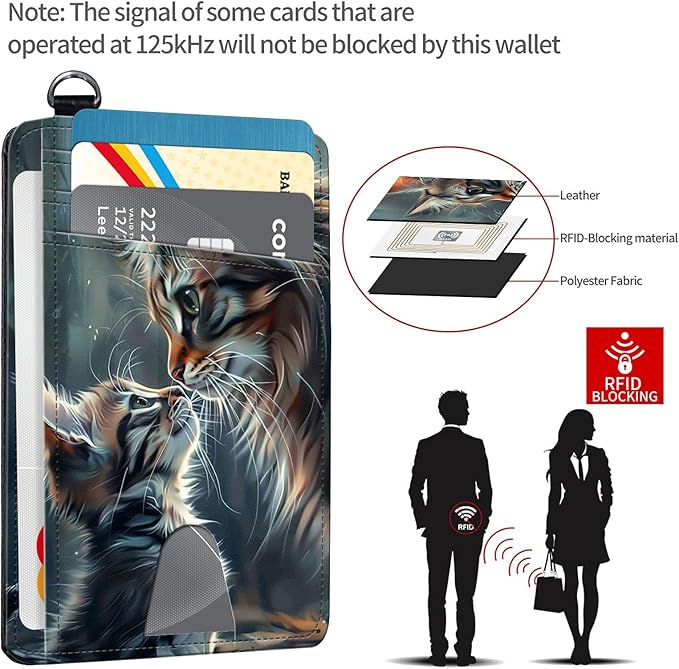 Slim RFID Blocking Card Holder Wallet with Wrist Strap - Minimalist Front Pocket Wallet, Two Cats Design, PU Leathe, for Men & Women, Ideal for Travel & Gifts