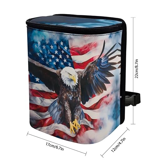 Biyejit USA Flag Eagle Car Trash Can with Lid, Leak Proof Auto Trash Bag Hanging Vehicle Garbage Can Multipurpose Storage Container for Back Seat Road Trip