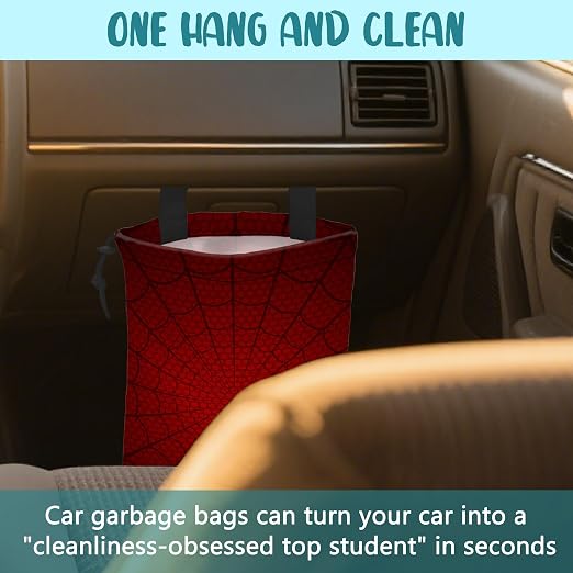 Car Garbage Bag Red Spider Web Drawstring Car Trash Bag Hanging for Back Seat with Adjustable Buckle Canvas Vehicle Trash Can Easy-to-Install
