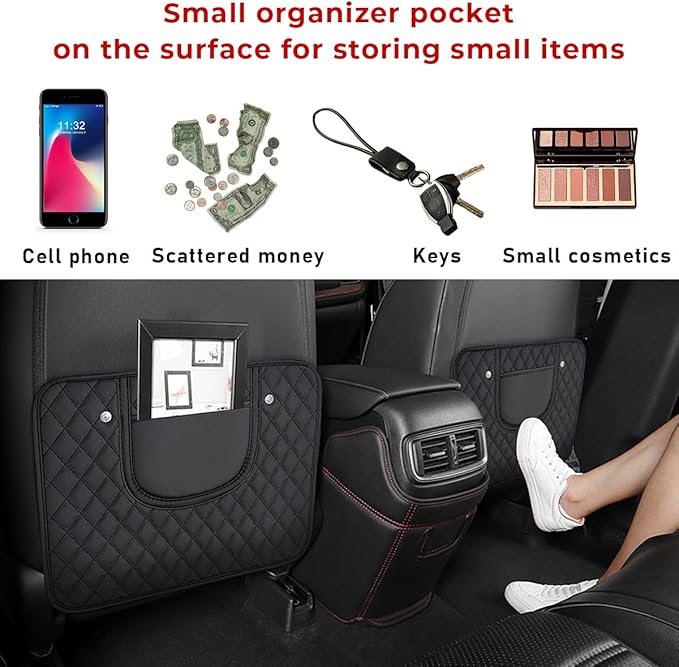 2 PCS Car Kick Mats, Leather Back Seat Protector with Storage Bag, Waterproof Automotive Backseat Cover Pad Prevent Kids Dirt Mud and Scratch, Interior Car Accessories(Black & Black)