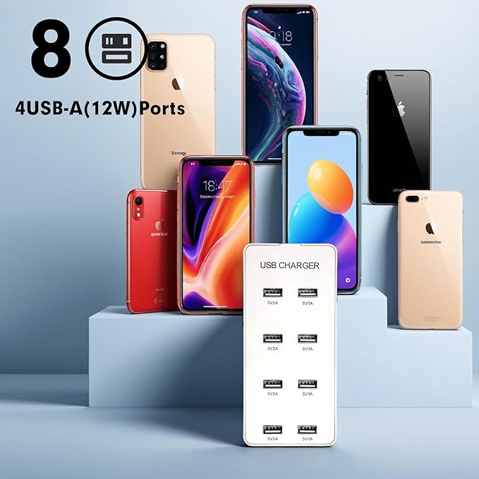USB 8 Port Desktop Portable Charging Station, Suitable for Charging Multiple Devices simultaneously, Super Compatible with Mobile Phones, Tablets, Bluetooth Earphones, and Other USB Charging Devices