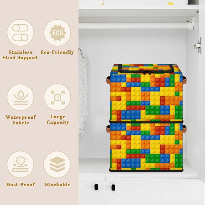 Storage Bins With Zipper Lid, Collapsible Trunk Organizer, Car Organizers and Storage Bins with Lids, Decorative Storage Boxes with Handle, Home Storage Baskets (Colorful Building Blocks)