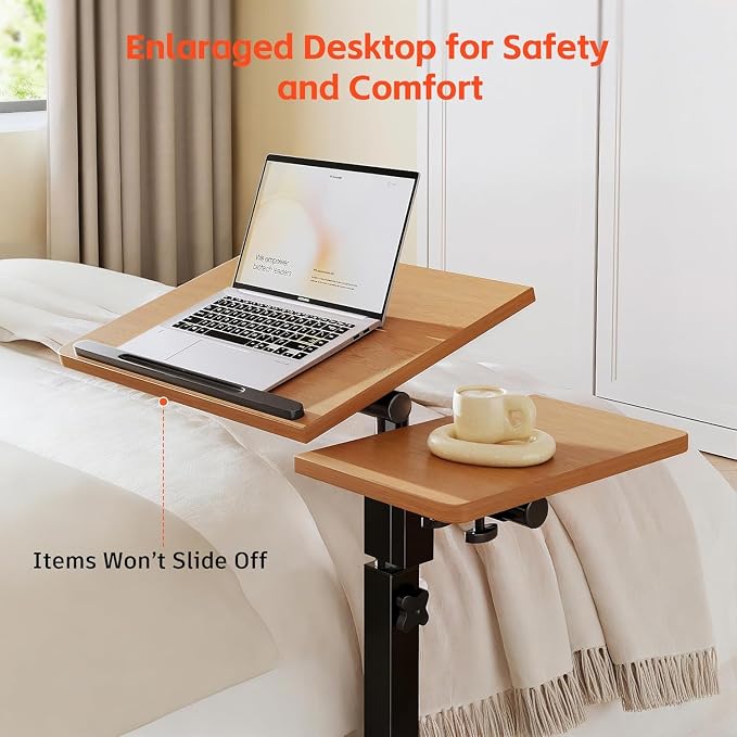 Laptop Desk Stand for Bed Portable Desk Overbed Bedside Mobile Laptop Table Rolling Foldable Table Adjustable Height with Locked Wheels & Mouse Pad for Office Sofa (Natural Color)