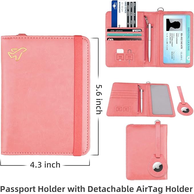 WALNEW AirTag Passport Holder, PU Leather Airtag Wallet RFID Blocking Passport Cover Travel Essentials Case for Women Men (Dark Pink)