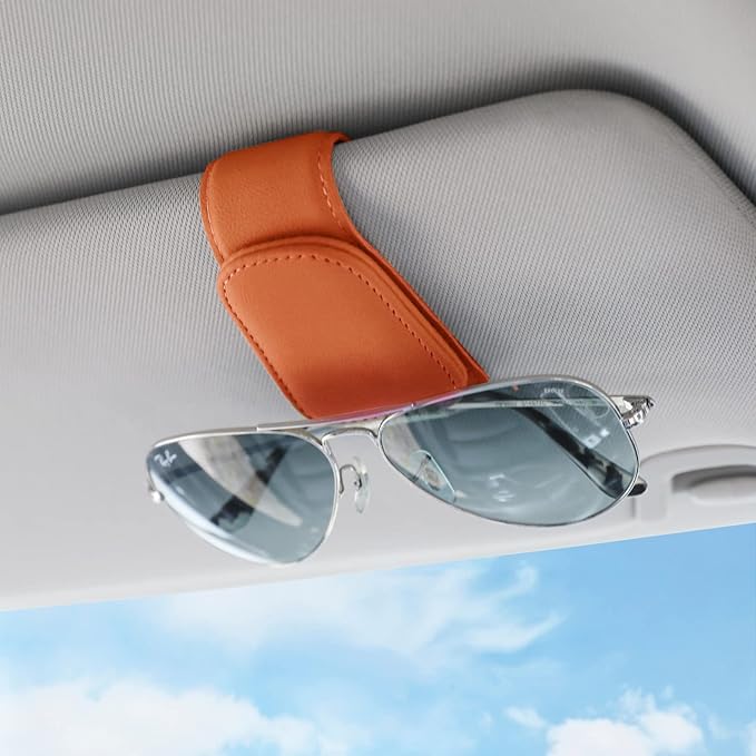KanSmart Sunglass Holder for Car Visor Sunglasses Clip Magnetic Leather Glasses Eyeglass Holder Truck Car Interior Accessories Universal for Woman Man -Orange