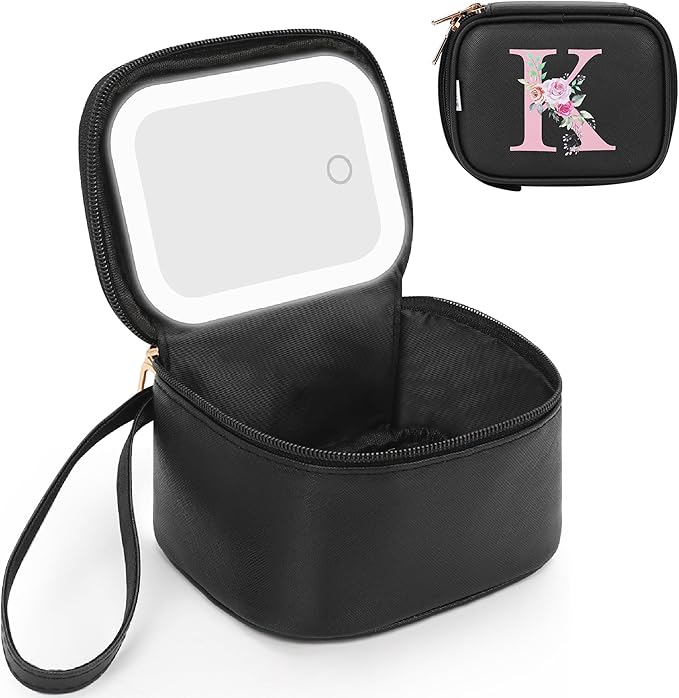 Relavel Mini Makeup Bag with Led Mirror, Initial Travel-Size Cosmetic Bag for Women Girls with 3 Lighting Modes, Personalized Make Up Pouch for Party Camping - Black K