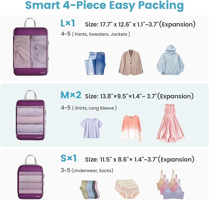 Cambond See Through Mesh Compression Packing Cubes - 4 Piece Expandable Space Saving Packing Cubes for Travel, Lightweight Travel Bags Luggage Packing Organizer Essentials for Suitcases, Purple