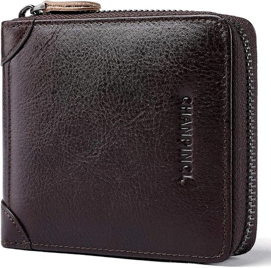 Mens Genuine Leather Zipper Wallet RFID Secure Large Capacity Double Fold Multi-card Leather Wallets for Men and coin purse