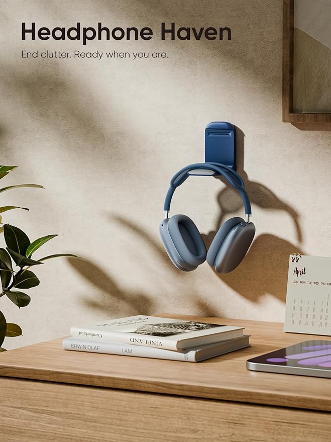 MAMUVIMO Headphone Stand, Headset Stand Foldable ＆ Sticky, Headphone Holder Hook Mount with Non-Slip Silicone, Adhesive Earphone Desk Hanger Clip Space-Saving for Airpods Max, All Earphones- Blue