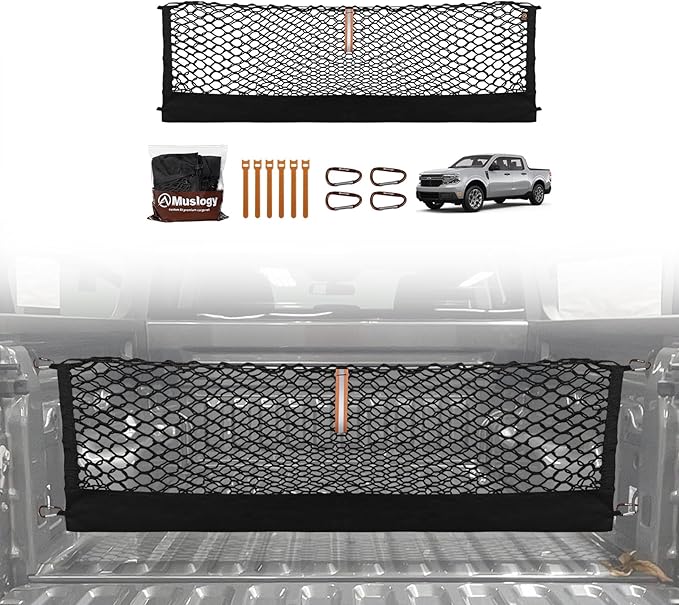 Muslogy Truck Bed Cargo Net Trunk Netting Compatible with 2022-2025 2026 Ford Maverick (V2) Accessories, Pickup Cargo Organizer SUV Sedan Storage Net w/Heavy Duty Carabiners