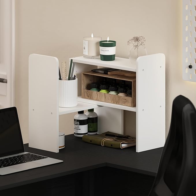 Furinno Classic Desk Organizers and Hutch, Open Shelf Expandable Office Organization, Adjustable Desk Top Display Book Shelf, for Paper, Office Supplies, White