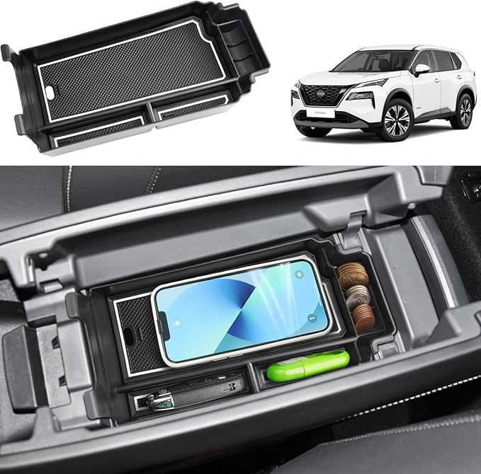 2021-2025 2026 Rogue Center Console Organizer for Nissan Rogue (S/SV/SL/Platinum/Rock Creek/Dark Armor), Durable ABS&Anti-Slip Rubber Console Tray Insert 2026 2025 Rogue Accessories (White)