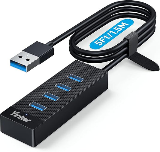 4 Port USB 3.0 Hub 5FT/1.5M Cable with 5 Gbps Speed & 5V USB-C Power Supply – USB hub Splitter for Office, Home Office, Gaming, and External Devices