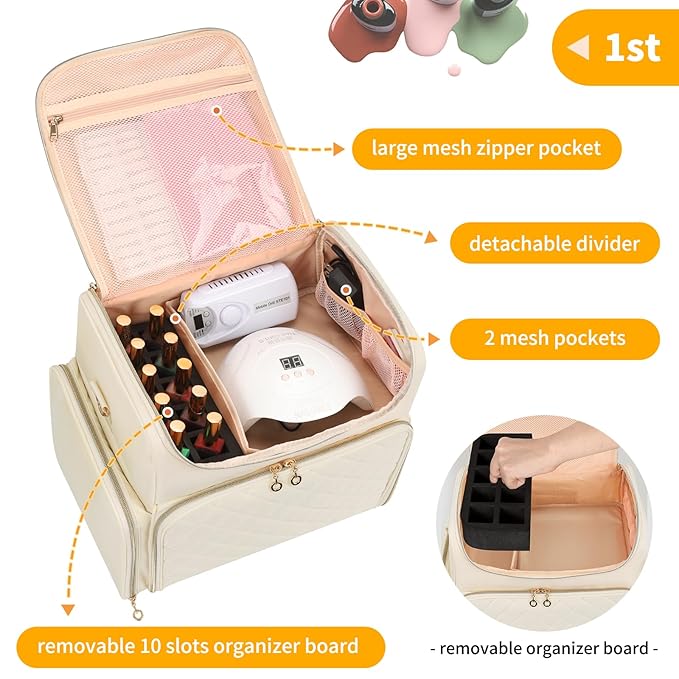 CUBETASTIC Extra Large Nail Polish Organizer Case Holds 86 to 100+ Bottles Nail Polish & Nail Lamp, Nail Supplies Storage Carrying Bag with 2 Removable Pouches