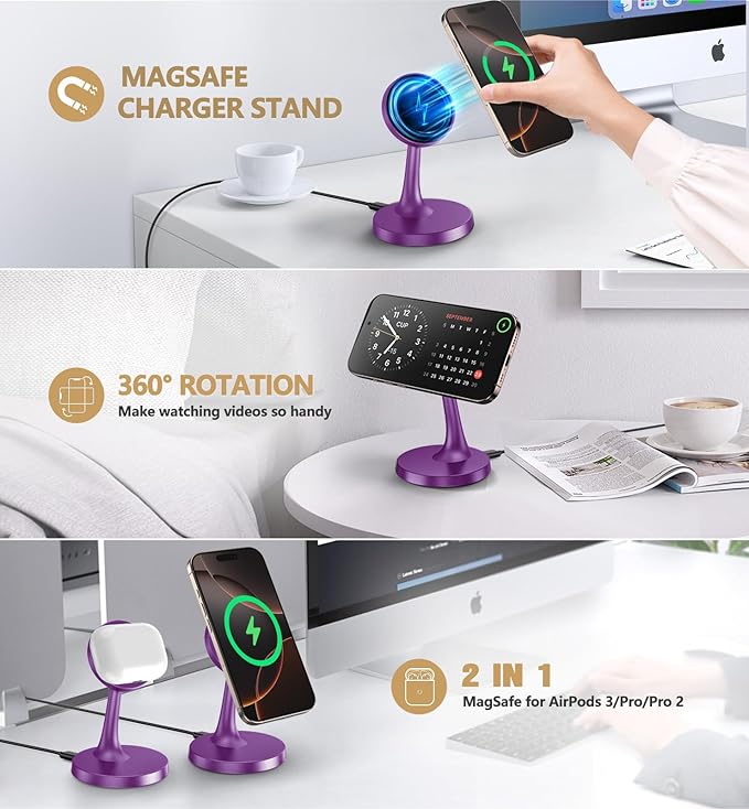 Magnetic Wireless Charger iPhone Stand, 15W Fast Mag-Safe Charger iPhone 17/17 Air/17 Pro/17 Pro Max 16/15/14/13/12 Series Magnet Wireless Charging Station/Pad/AirPods for Home, Office, Travel