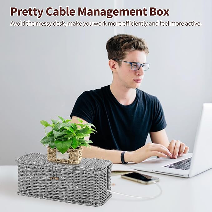 Cable Management Box, Desk Handwoven Rattan Cord Hider Cable Organizer Box With Lid Button Lock, Power Strip Cover Wicker Decorative Basket, Floor Wire Hiding Extension Cord Box (grey)