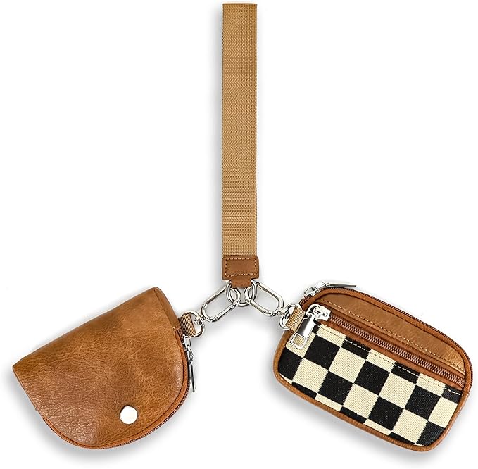 Checkered Dual Pouch Keychain Wallet for Women, Small Mini Zip Leather Coin Purse with Wrist Strap,wristlet hangbags,Brown