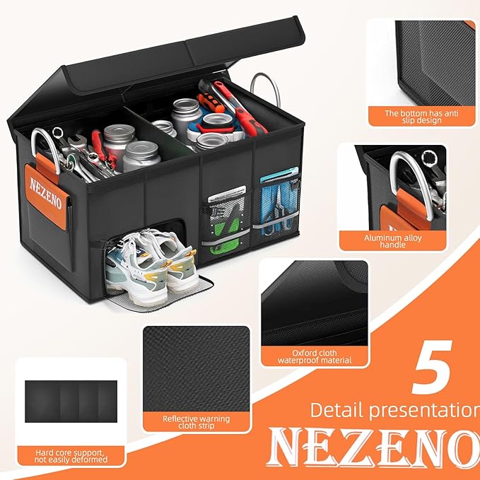 Car Trunk Organizer,Multiple Compartments Collapsible trunk organizer with Aluminum Alloy Handle and Lid, Car Organizer and Storage for SUV, Truck
