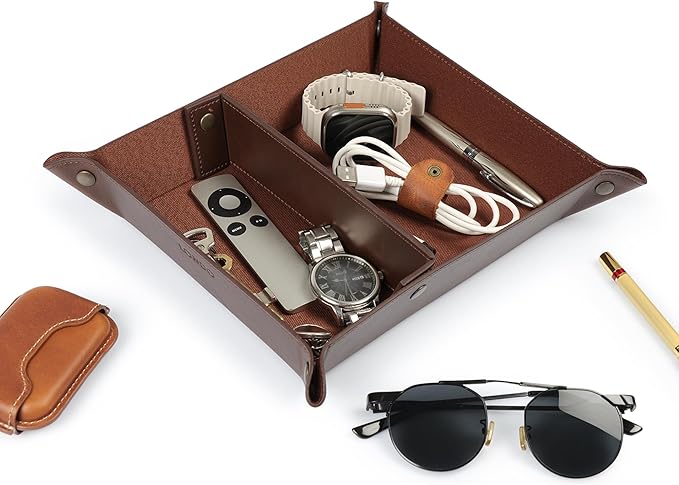 Londo Leather Tray Organizer - Practical Lightweight Water Resistant Computer Table Desk Storage Box for Wallets, Watches, Keys, Coins, Cell Phones and Office Equipment