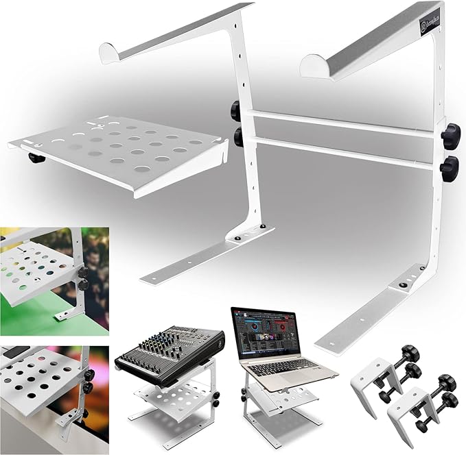 AxcessAbles Two-Tier Adjustable DJ Stand with Clamps | For Controllers and Laptops up to 20lbs.| Controller Stand Compatible with DDJ-REV1, DDJ-FLX4, Party Mix | (LTS-03 White)
