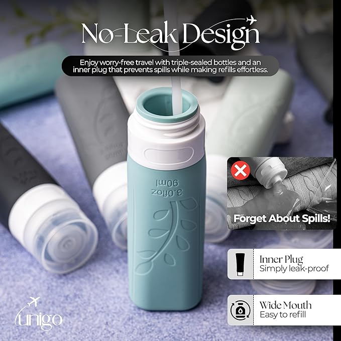 unigo Travel Bottles Set for Toiletries - Leakproof Refillable Travel Size Containers, TSA Approved Bottles with Labels, Brush & Covers for Carry-On Travel