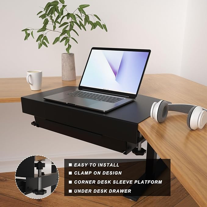 Clamp on Desk Corner Sleeve with Drawer, L Desk Connector Platform with Mounting Under Desk Drawer Hanging Corner Desk for Extender Desk Space