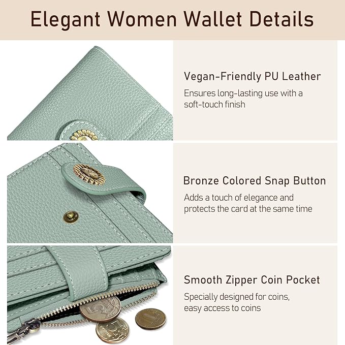 Kelvoris Small Rfid Women Wallet Bifold Zipper Coin Pocket PU Leather Compact Cash Credit Card Holder Travel Wallet for Female Ladies Teen Girls 1 ID Window 10 Card Slots Sage Green