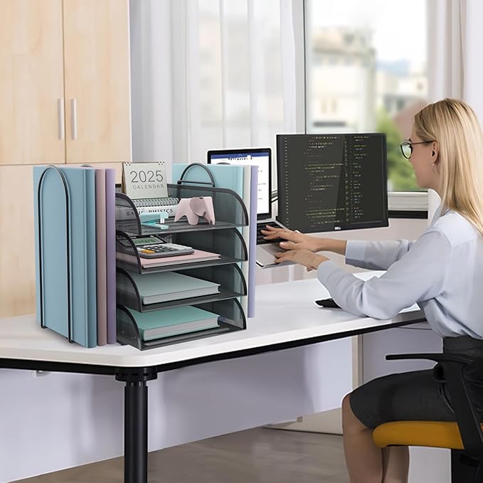 4 Tier Stackable Paper Tray Organizer for Desk, Office Desk Accessories, Paper Sorter Organizer for Letter/A4 Office File Folder Holder (Black, 16.1" x 13.2" x 10.12")